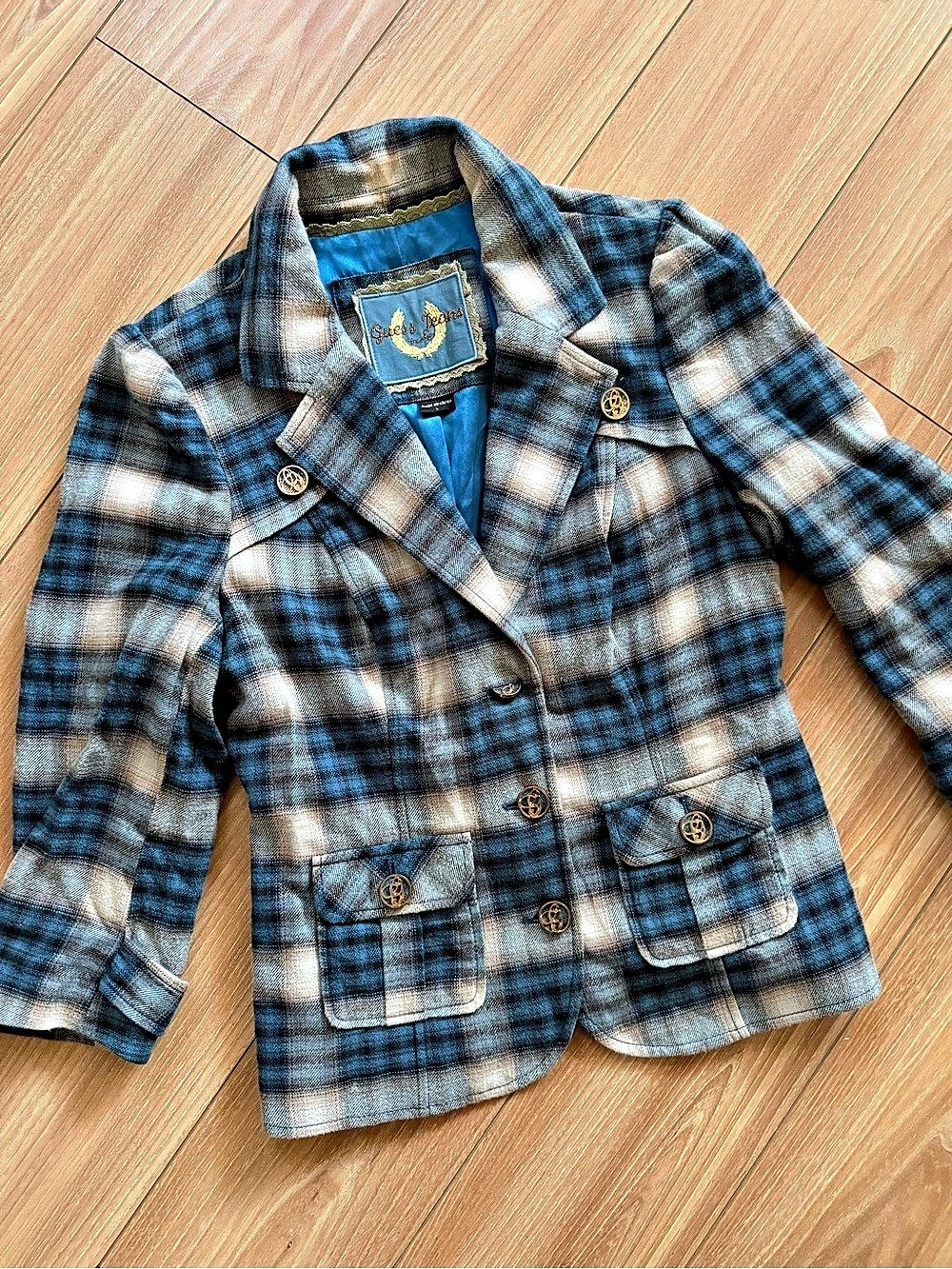 Vintage Guess Plaid Blazer in Blue & Cream - Large